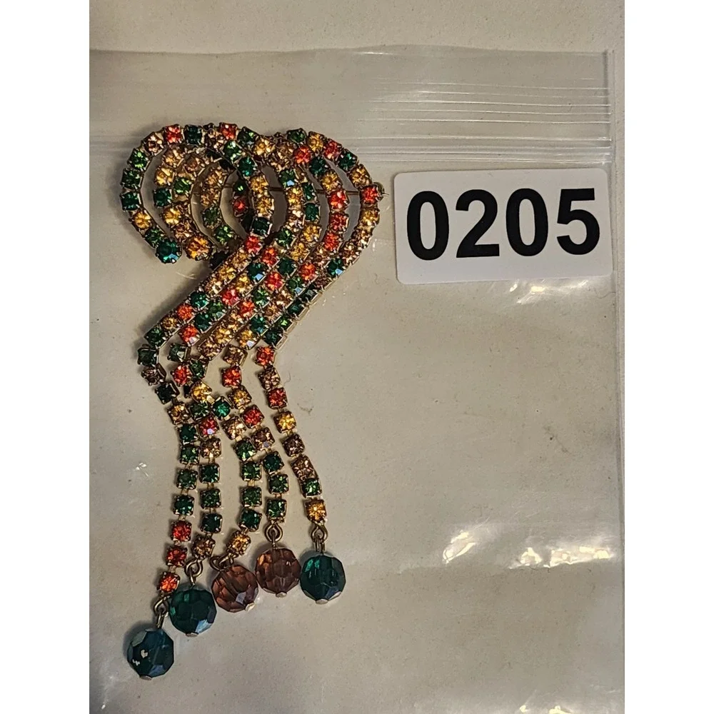 Vintage Multi Color Rhinestone Waterfall Fringe Brooch Gold Tone Crystal Dangle